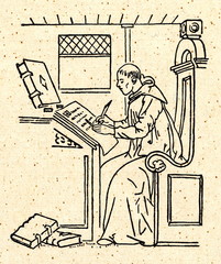 Copying of manuscript by monastic scribe - 65342699