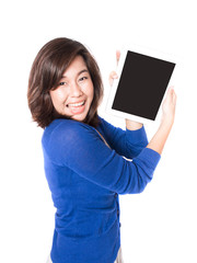 Isolated portrait of beautiful young woman with digital tablet o