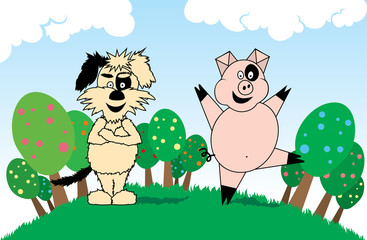 Dog pig humor landscape caricature