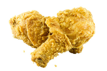 Fried chicken pieces isolated on white background.