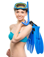 Young happy woman with snorkel equipment