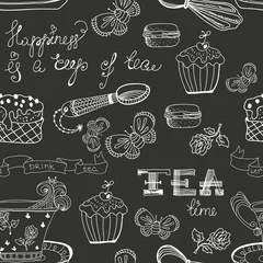 Selbstklebende Fototapete Küche Schwarz-weißes Teezeitmuster