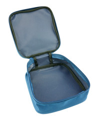Blue nylon bag open by zipper isolated