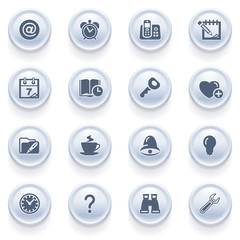 Organizer icons on blue buttons.