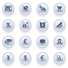 Finance icons on blue buttons.