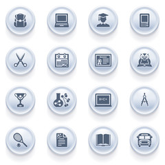 Education icons on blue buttons.