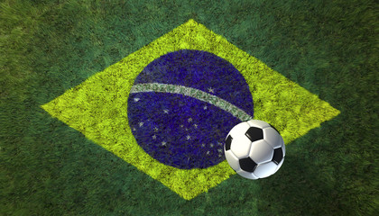 Obraz premium Soccer ball on grass, with Brazilian flag