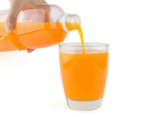 Orange juice poured from bottle to a glass
