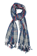 A scarf is woolen in a blue cage with red and white filaments