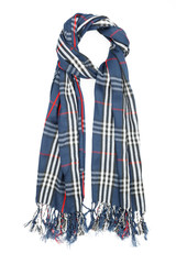 a scarf is woolen in a blue cage with red filaments and fringe