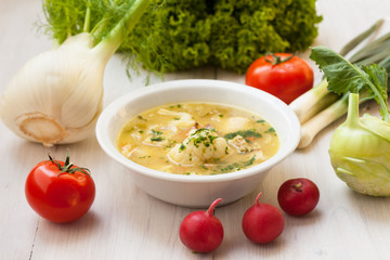 Vegetable and mushroom soup in the spring