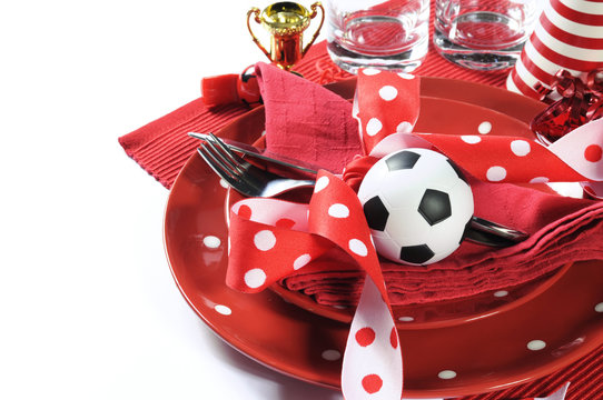 Soccer football party table in red and white team colors