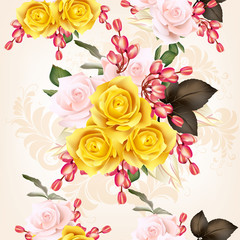 Vector  seamless pattern with roses and flowers