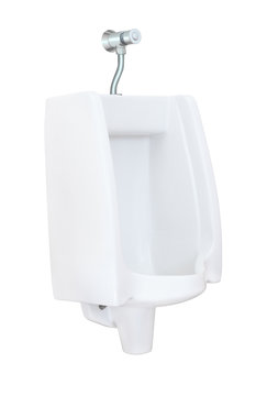 Side Of Urinal With Flush Valve On White Background.