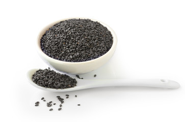 Close up of black sesame in bowl and  spoon