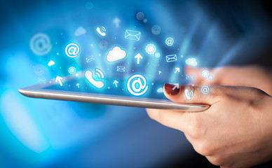 Hand touching tablet pc, social media concept