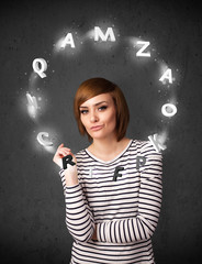 Young woman thinking with letter circulation around her head