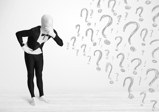 3d human character is body suit looking at hand drawn question m