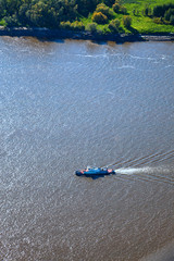 Obraz premium Top view of river with ship