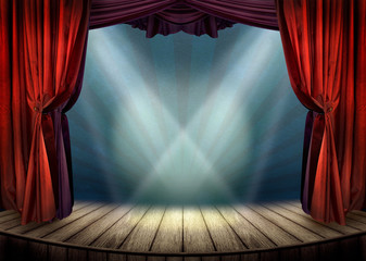 Theater stage with red curtains and spotlights - obrazy, fototapety, plakaty