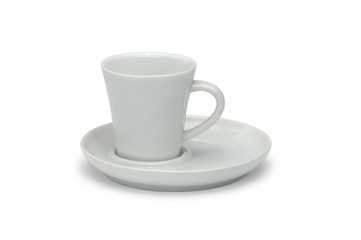 White ceramic coffee cup and white ceramic saucer isolated on wh