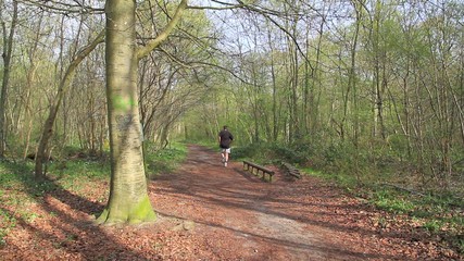 Father and Son running in the forest 