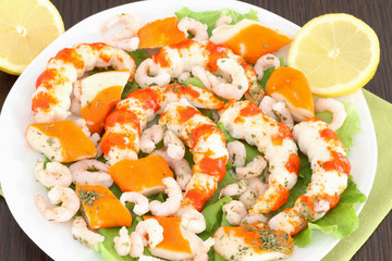 White dish with seafood