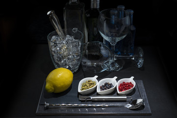 Utensilios e ingredientes para preparar un gin tonic