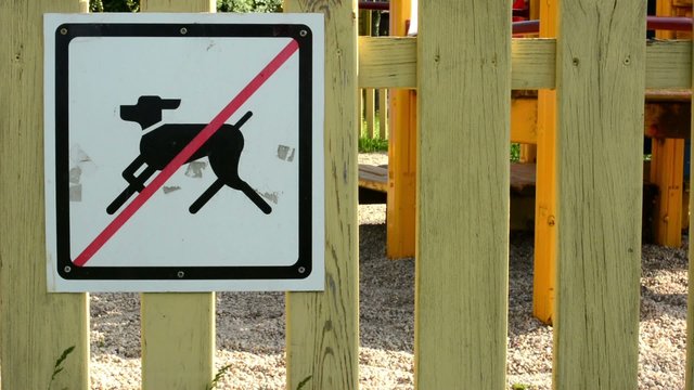 sign - no dogs. Playground in background.