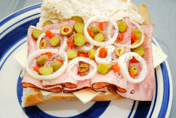Ham and Cheese Deli Sandwich with Raw Vegetables