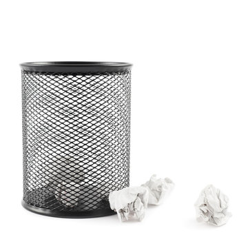 Office paper trash bin isolated