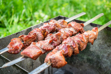 Hot shish kebab on metal skewers