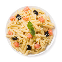 Italian pasta with smoked salmon on a white background