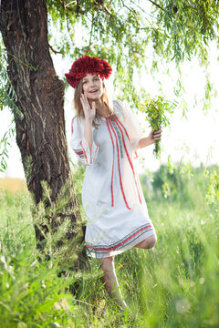 Emotional Girl In Traditional Ukrainian Costume