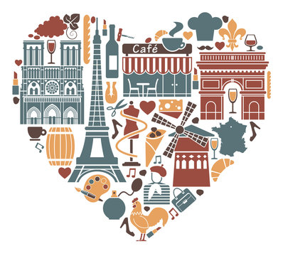 Traditional symbols of France in the form of heart