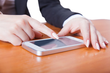 girl holds smart phone, white background