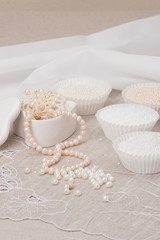 Beads Jewelry On Natural Linen Background. Hand Made