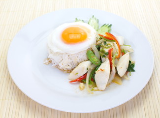 fried basil leaf with fish ball and rice
