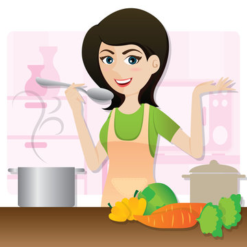 cartoon smart girl cooking vegetarian soup in kitchen