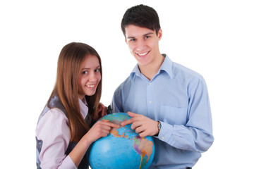 girl and boy with globe. Isolated on white background