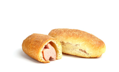 bun with sausage on white background