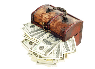 Wooden chest with dollars