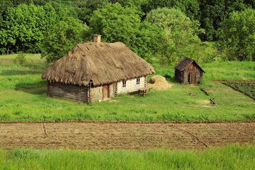 Fototapeta na wymiar Summer landscape - old village Ukrainian architecture