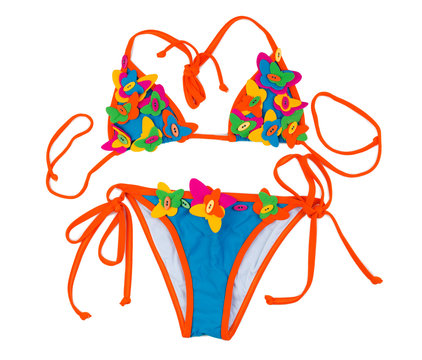 Orange with blue swimsuit with a pattern of a butterfly.