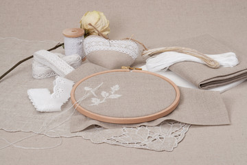 Sewing And Embroidery Craft Kit. Dried Rose. Natural Linen Backg