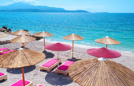 Beach with beach umbrellas