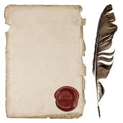 aged paper sheet with wax seal and ink feather pen