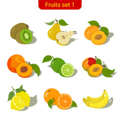 Fruits high detail vector icon set. Kiwi, pear, peach etc.