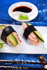 nigiri sushi with salmon and avocado