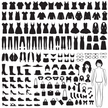 Woman Fashion Icons, Paper Doll, Isolated Clothing Silhouette